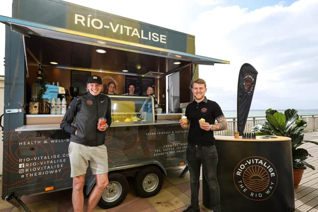 Alfie Ruffell, left, and George Oliver. They have started a business selling products containing CBD oil at Clarence Pier, SouthseaPicture: Chris Moorhouse      (030421-06)