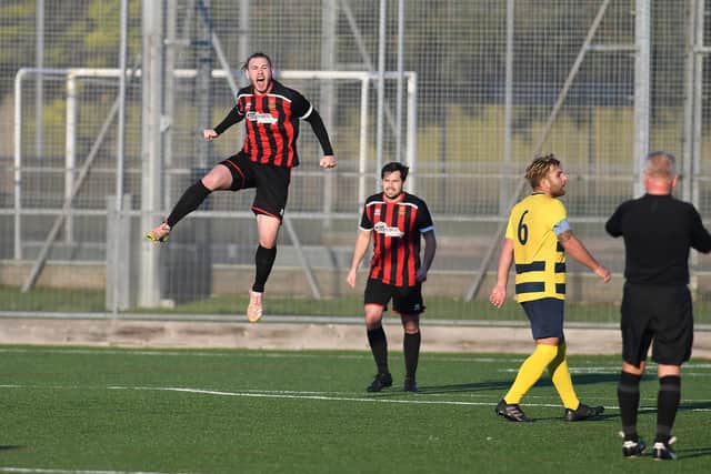 Alpay Ali jumps for joy after scoring for Fleetlands against Paulsgrove in  their 5-4 Hampshire Premier League win. Picture: Neil Marshall