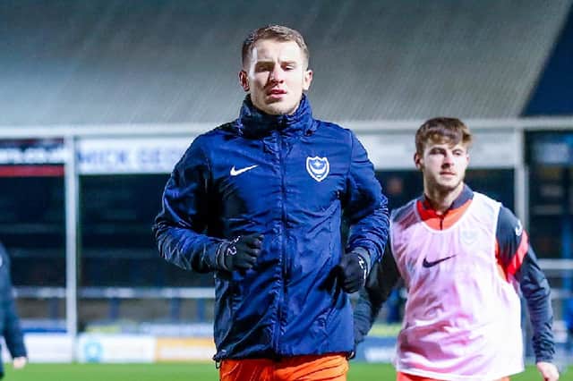 Bryn Morris (17) of Portsmouth warms up during the EFL Trophy match between Peterborough United and Portsmouth at London Road, Peterborough, England on 12 January 2021.
