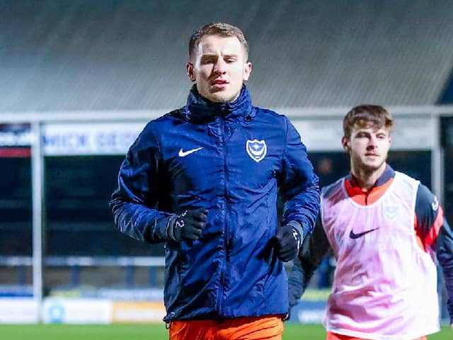 Bryn Morris (17) of Portsmouth warms up during the EFL Trophy match between Peterborough United and Portsmouth at London Road, Peterborough, England on 12 January 2021.