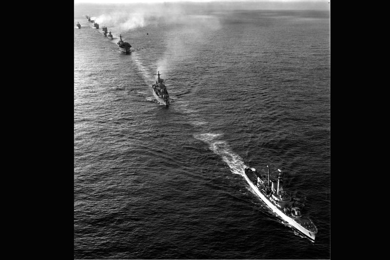 Falklands Task Force 19th June 1982. HMS Hermes is pictured 3rd.