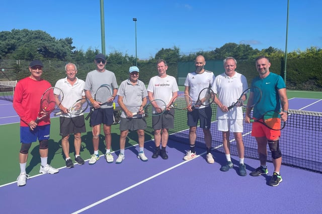 Robin EllisonPicturesWarsash 4ths v Steep 1sts – Men’s Division 5. From left: Kevin Harris, Trevor Gregory, Stephen Carden-Noad, Nick St John (Warsash), Bruce Mellstrom, Martin Ayers, Eddie McShane, Tomasz Podlipny (Steep)