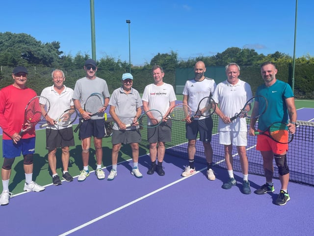 Robin EllisonPicturesWarsash 4ths v Steep 1sts – Men’s Division 5. From left: Kevin Harris, Trevor Gregory, Stephen Carden-Noad, Nick St John (Warsash), Bruce Mellstrom, Martin Ayers, Eddie McShane, Tomasz Podlipny (Steep)