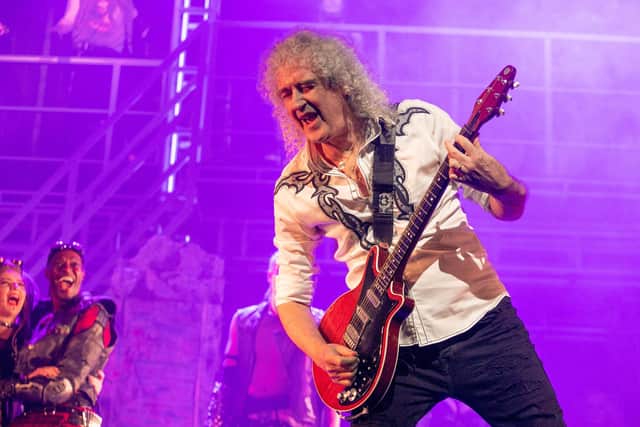 Brian May makes an appearance at the performance of We Will Rock You at the Kings Theatre, Southsea on Tuesday 8th February 2022Pictured: Brian May on the stage with the rest of the We Will Rock You castPicture: Habibur Rahman