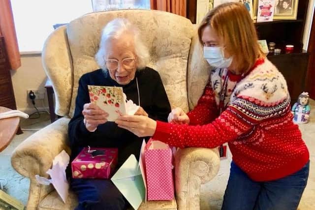 Dot on her 106th birthday at her home in Waterlooville.