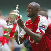 Arsenal's Patrick Vieira lifting the FA Cup after his penalty defeated Manchester United in the 2005 final at the Millennium Stadium. Picture: ADRIAN DENNIS/AFP via Getty Images