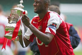 Arsenal's Patrick Vieira lifting the FA Cup after his penalty defeated Manchester United in the 2005 final at the Millennium Stadium. Picture: ADRIAN DENNIS/AFP via Getty Images