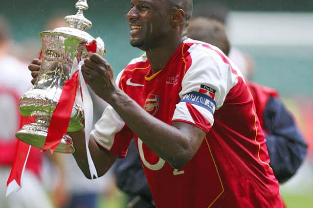 Arsenal's Patrick Vieira lifting the FA Cup after his penalty defeated Manchester United in the 2005 final at the Millennium Stadium. Picture: ADRIAN DENNIS/AFP via Getty Images
