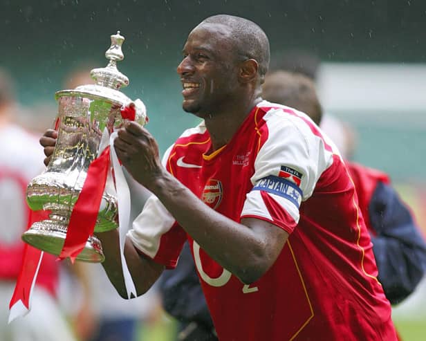 Arsenal's Patrick Vieira lifting the FA Cup after his penalty defeated Manchester United in the 2005 final at the Millennium Stadium. Picture: ADRIAN DENNIS/AFP via Getty Images