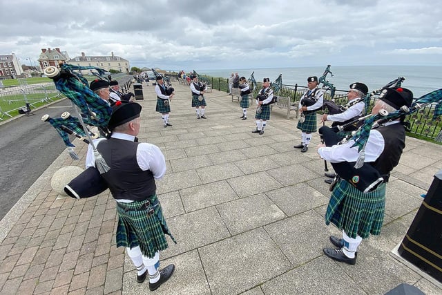 Pipers from the Houghton-Le-Spring pipe band tune up before the service in Seaham today (Saturday, June 27).