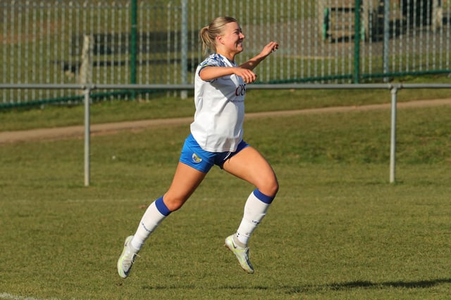 Sarah Butterworth celebrates after scoring Hawks' opening goal. Picture by Dave Haines