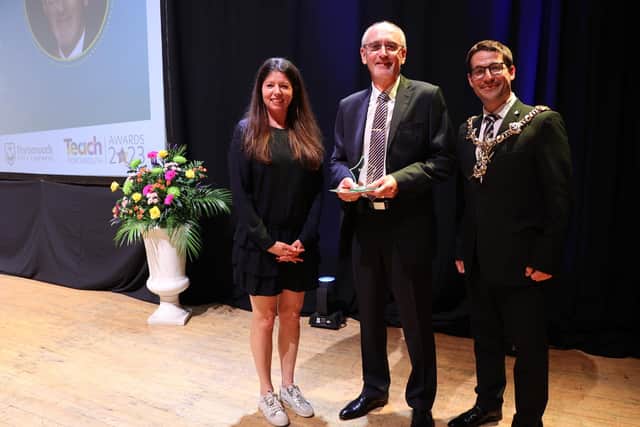 From left: Host Lucy Ambache, winner of governor's award, Phil Harris-Bridge from Castle View Academy and the Lord Mayor.