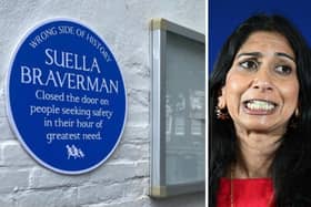 Freedom from Torture attached a mock blue plaque to Suella Braverman's constituency office in Fareham