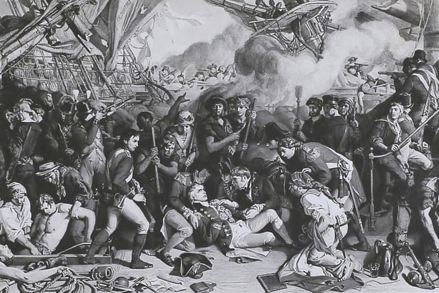 The death of British naval officer Horatio Nelson (1758 - 1805) on the deck of the ‘HMS Victory’ at the Battle of Trafalgar, during the Napoleonic Wars, 21st October 1805. An engraving after the painting by Daniel Maclise. (Photo by Hulton Archive/Getty Images)