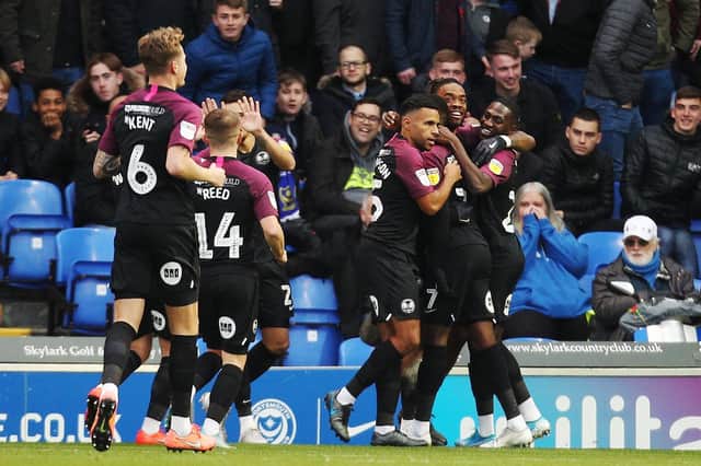 Peterborough celebrating scoring against Pompey during their 2-2 draw at Fratton Park in December. Picture: Joe Pepler