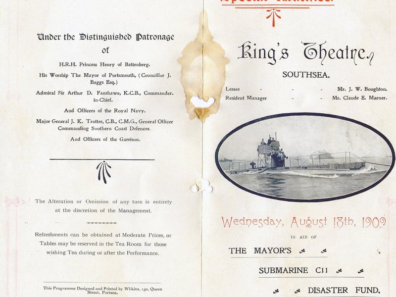 The recently-discovered programme for the fund-raising special matinee at the Kings theatre, Southsea, in aid of relatives of the men who died in the submarine C11.