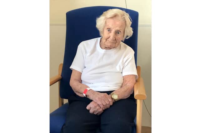 Carrie Pollock, 99, Hayling Island, recovered from Covid-19 after care at QA hospital.Pictured is: Carrie Pollock at QA after recovering from Covid-19.Picture: Queen Alexandra Hospital