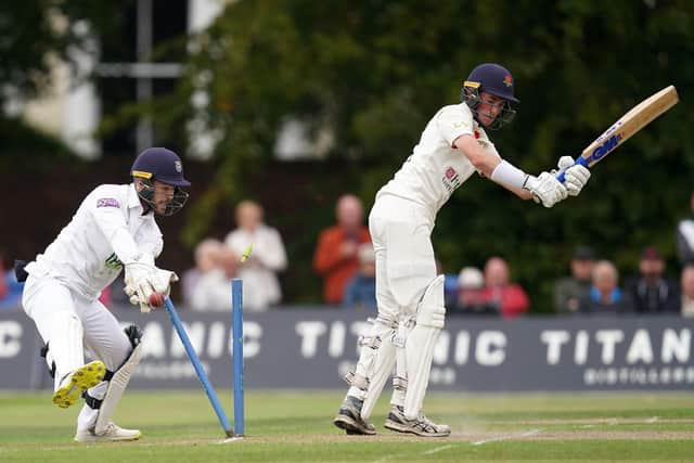 Lancashire's George Balderson is bowled by Liam Dawson. Picture: Martin Rickett/PA Wire.