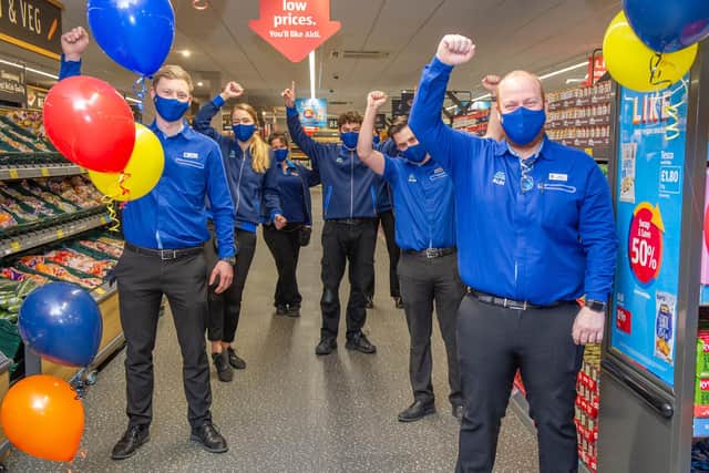 Aldi is revealing a fresh new look for its Portsmouth store on Thursday 14th January 2021.
Pictured: Store Manager, Dan Lebas with his staff at the Aldi Store, Gamble Road, Portsmouth.
Picture: Habibur Rahman