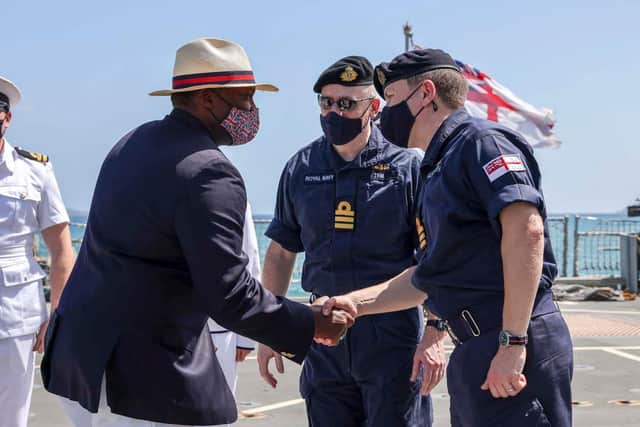 Sailors on HMS Medway meet members of the British Virgin Islands leadership