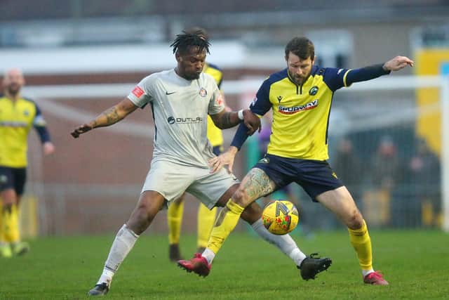 Gosport striker Dan Wooden, right, v Walton Casuals. Picture: Chris Moorhouse