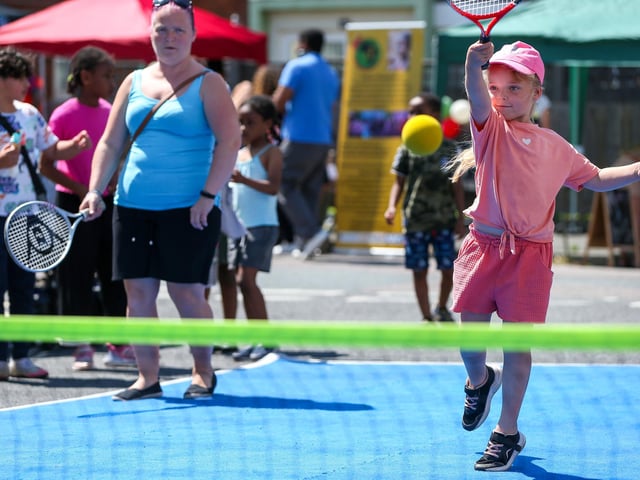 Ace! Caitlin Mason, 6, has a go at tennis at SomersFest.Picture: Chris  Moorhouse (270724-48)