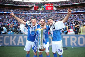 Lee Brown, Brett Pitman and Gareth Evans, who all netted in Pompey's Checkatrade Trophy penalty shoot-out success, at Wembley in March 2019. Picture: Joe Pepler