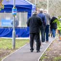 Pictured: People queuing to get their booster jab at  the Covid-19 vaccination centre at St Jame s Hospital, Portsmouth

Picture: Habibur Rahman