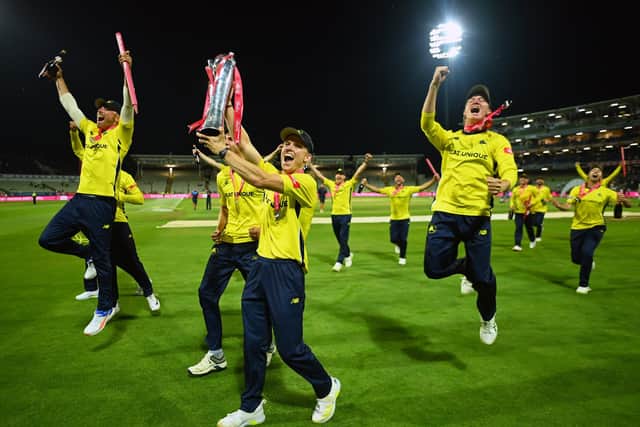 Nathan Ellis of Hampshire Hawks celebrates with the trophy. Photo by Harry Trump/Getty Images