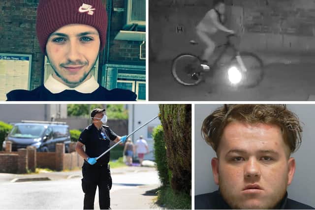 George Allison was murdered by his friend Kevin Batchelor. Pictured clockwise from top left is George Allison, Batchelor cycling away from the murder scene in Leigh Park, police investigating and Batchelor's custody photo. Picture: Family/CPS Wessex/Sarah Standing/Hampshire police