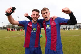 US Portsmouth goalscorers Harry Sargeant, left, and James Franklyn celebrate after reaching the semi-finals of the FA Vase with victory over Flackwell Heath. Picture: Stuart Martin