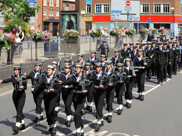 More thanr 200 reservists from HMS King Alfred, the naval reserve unit now based at HMS Excellent Whale Island, exercised their right to march through Portsmouth as Freemen of the City. Picture: Malcolm Wells (112458-551)