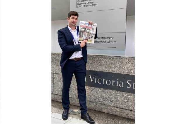 News reporter Tom Cotterill takes a copy of the paper to Westminster to present to the Department for Business, Energy and Industrial Strategy in opposition to the Aquind interconnector plan

October 1, 2021