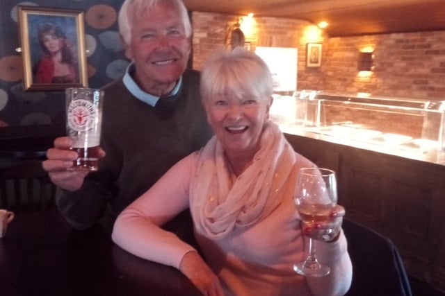 Customers Peter and Celia Ruddock at Platform 33 enjoying their first drink in the pub.