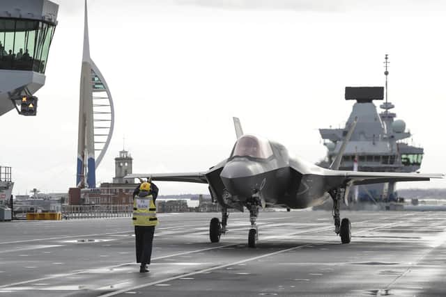 An F-35B stealth jet pictured launching from HMS Queen Elizabeth in Portsmouth. Photo: LPhot Belinda Alker