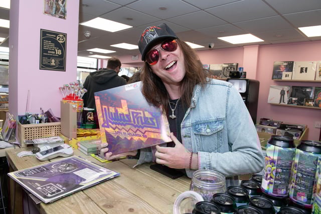 Tom Grundy from Gosport who queued from the early hours outside A Slice of Vinyl in Stoke Road Gosport to grab a rare Judas Priest album release.