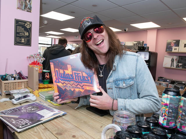 Tom Grundy from Gosport who queued from the early hours outside A Slice of Vinyl in Stoke Road Gosport to grab a rare Judas Priest album release.
