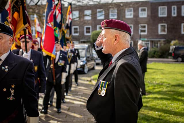 Funeral of D-Day veteran, Arthur Bailey at Portsmouth Cathedral on Thursday 23rd February 2023
Pictured: Standard-bearers leading the hearse to the cathedral from the Square Tower, Old Portsmouth
Picture: Habibur Rahman