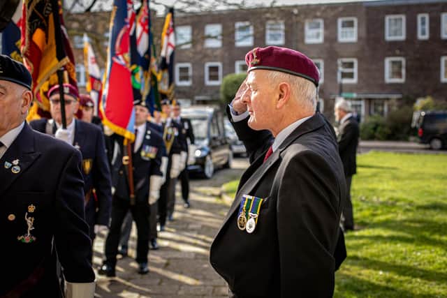 Funeral of D-Day veteran, Arthur Bailey at Portsmouth Cathedral on Thursday 23rd February 2023

Pictured: Standard-bearers leading the hearse to the cathedral from the Square Tower, Old Portsmouth

Picture: Habibur Rahman