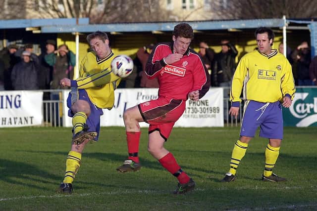 Neil Scammell (left) - currently a coach with US Portsmouth's under-18s - in action for Gosport Borough against Oadby Town during Boro's run to the FA Vase quarter-finals in 2004. PICTURE: MICHAEL SCADDAN
