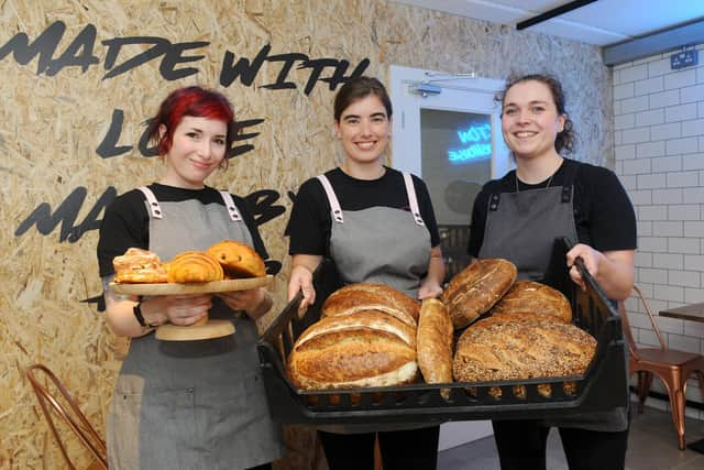 Hoxton Bakehouse staff (l-r) store manager Viktoria Nagy, barista Kate Lister and area manager Kate Bartlett Picture: Sarah Standing (221020-6176)