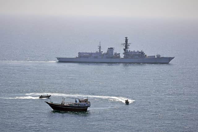 HMS Montrose's RM boarding teams approach a suspicious dhow while operating as part of Combined Maritime Forces (CMF) counter-narcotics operations in the Gulf. Photo: Royal Navy