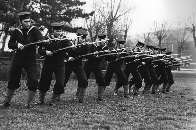 Bayonet practice at Whale Island during the Second World War. The News PP5381