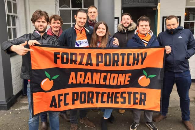 The Aranciona - a group of AFC Portchester fans pictured earlier this year (from left) Joe Allen, Alex White, Lewis Millington, Richard Green, Clare Millington, Joe Balchin, Chad Perkins, Stephen Withers. Picture by Tarek Fergani.