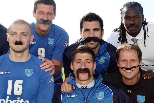 Carl Dickinson (front row left) poses for Movember with Pompey team-mates and colleagues David Nugent, Ricardo Rocha and Linvoy Primus (back row), and Joel Ward and Chris Neville (front row)