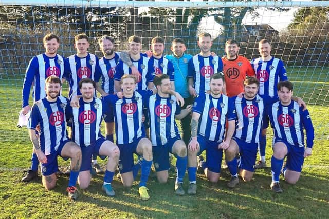 Crofton Saints celebrate beating Colden Common on penalties to reach the Hampshire FA Trophy final