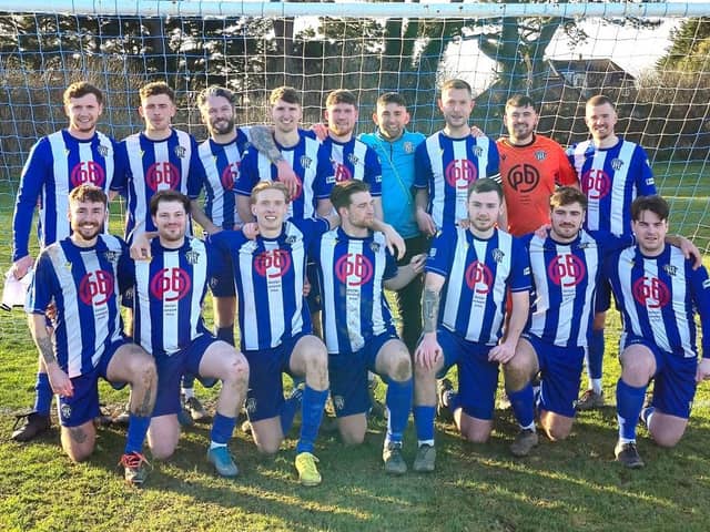 Crofton Saints celebrate beating Colden Common on penalties to reach the Hampshire FA Trophy final