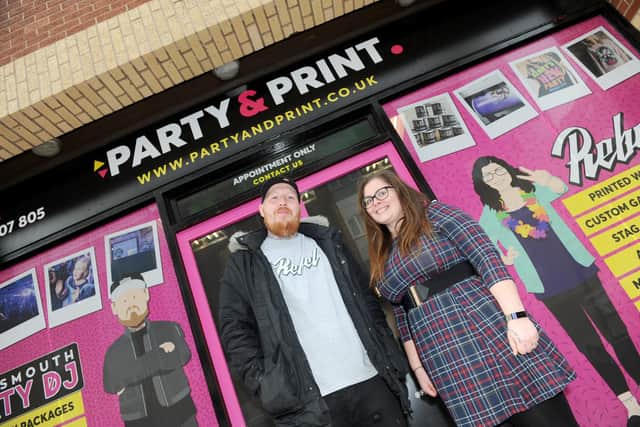Alex Dutton (31) and his business partner Victoria Lackenby (33) at their new shop Party and Print at the Bridge Shopping Centre in Fratton.
Picture: Sarah Standing (210121-1411)