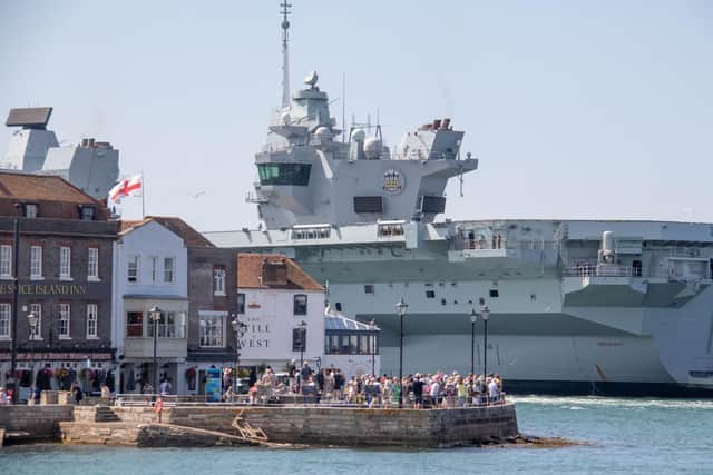 HMS Prince of Wales leaving Portsmouth on Friday 2nd August 2024
Pictured: View of HMS Prince of Wales going past Spice Island
Picture: Habibur Rahman