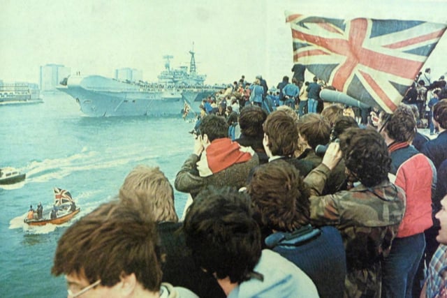 HMS Hermes leaves Portsmouth Harbour, bound for the Falklands, and cheered on her way by a flag-waving crowd